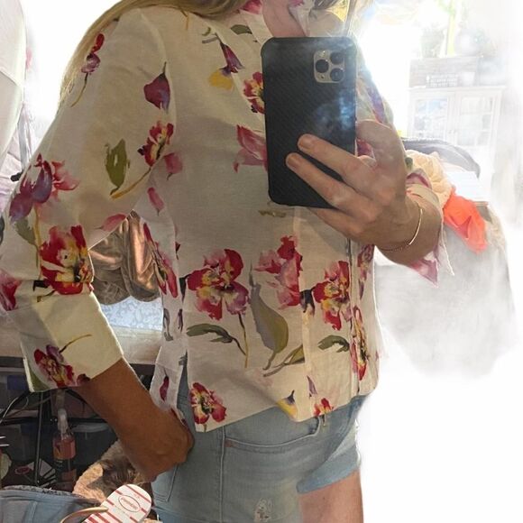 Harve Bernard white floral linen Blouse Medium - Picture 10 of 11
